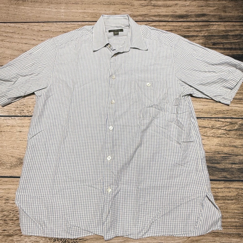 Ermenegildo Zegna Button Up Shirt Mens L Blue Check Short Sleeve Italy Cotton